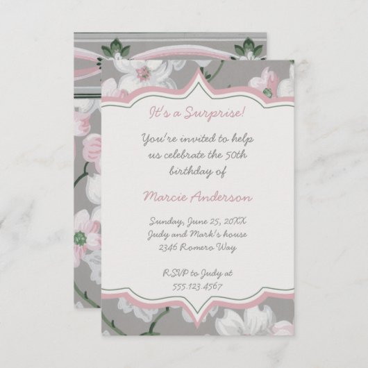 ヴィンテージのピンクの白いミズキの花柄のパーティの招待状 招待状 (正面/裏面)