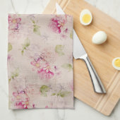 ヴィンテージのピンクの白い緑バラの花模様 キッチンタオル (四つ折り)
