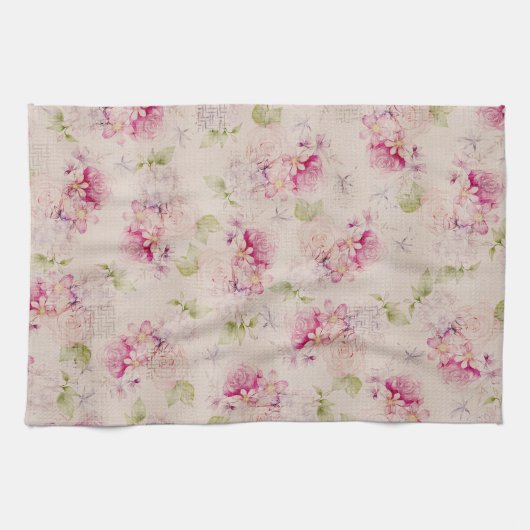 ヴィンテージのピンクの白い緑バラの花模様 キッチンタオル (横)