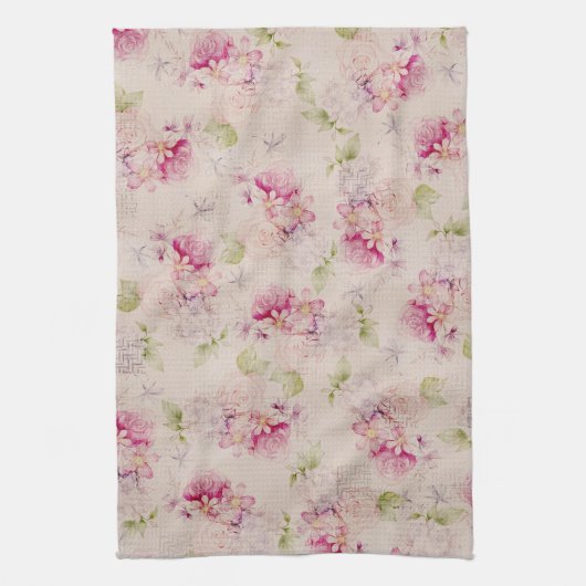 ヴィンテージのピンクの白い緑バラの花模様 キッチンタオル (縦)