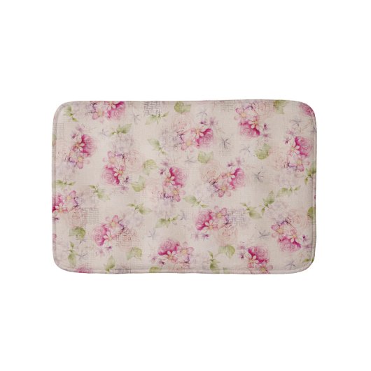 ヴィンテージのピンクの白い緑バラの花模様 バスマット (正面)