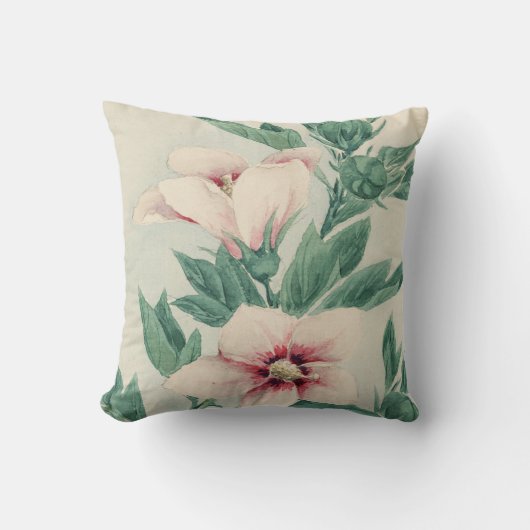 ヴィンテージのピンクの緑の水彩画の手塗りの花柄 クッション (正面)