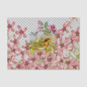 ヴィンテージのピンクの花の金ゴールドの赤い鳥の水玉模様 薄葉紙 (正面)