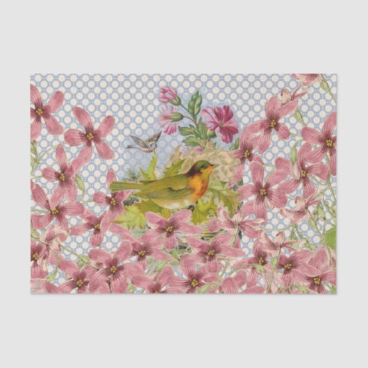 ヴィンテージのピンクの花の金ゴールドの赤い鳥の水玉模様 薄葉紙 (正面)