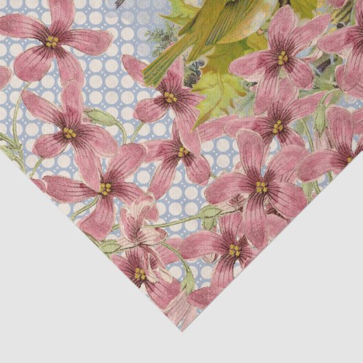 ヴィンテージのピンクの花の金ゴールドの赤い鳥の水玉模様 薄葉紙 (詳細)