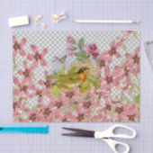 ヴィンテージのピンクの花の金ゴールドの赤い鳥の水玉模様 薄葉紙 (クラフト)