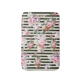 ヴィンテージのピンクの花の黒い黄色のストライブ柄パターン バスマット (正面縦)