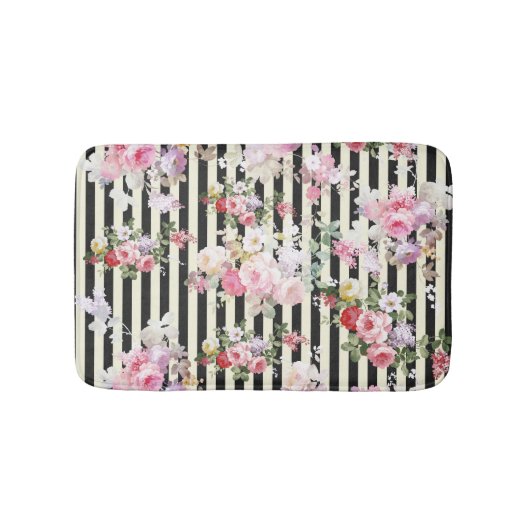 ヴィンテージのピンクの花の黒い黄色のストライブ柄パターン バスマット (正面)