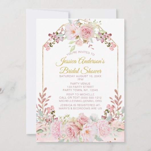ヴィンテージのピンクの金ゴールドの水彩画の花柄のブライダルシャワー 招待状 (正面)