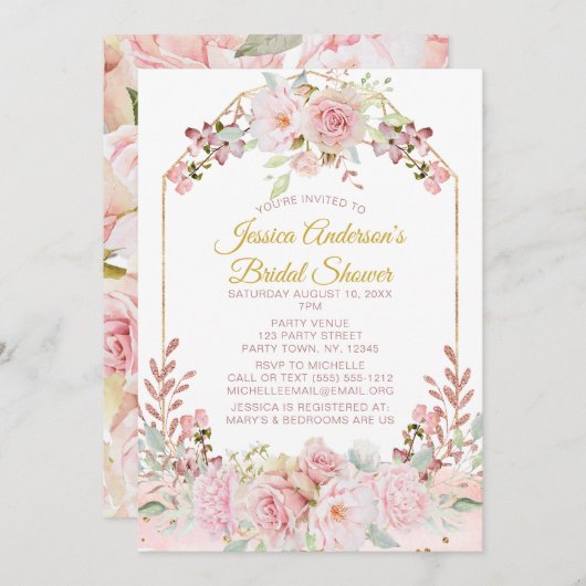 ヴィンテージのピンクの金ゴールドの水彩画の花柄のブライダルシャワー 招待状 (正面/裏面)