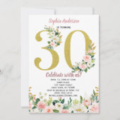 ヴィンテージのピンクの金ゴールドの水彩画の花柄の第30誕生日 招待状 (正面)