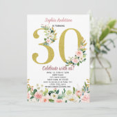 ヴィンテージのピンクの金ゴールドの水彩画の花柄の第30誕生日 招待状 (スタンド正面)