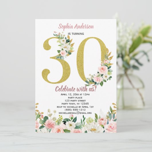 ヴィンテージのピンクの金ゴールドの水彩画の花柄の第30誕生日 招待状 (スタンド正面)