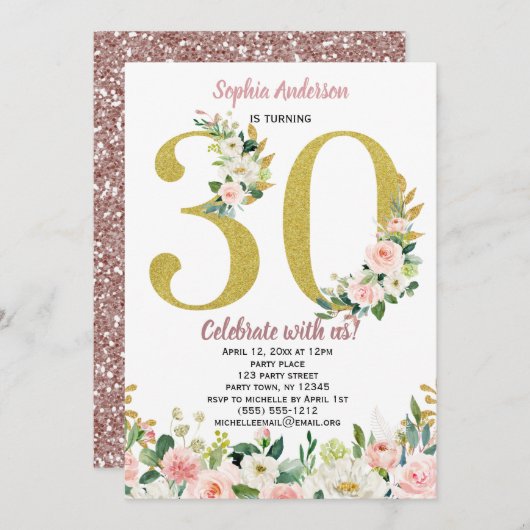 ヴィンテージのピンクの金ゴールドの水彩画の花柄の第30誕生日 招待状 (正面/裏面)