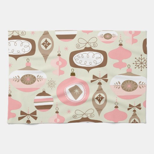 ヴィンテージのピンク及び灰色のクリスマスオーナメント キッチンタオル (横)