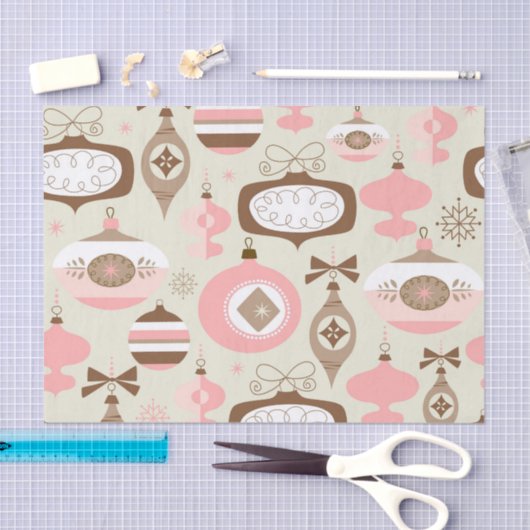 ヴィンテージのピンク及び灰色のクリスマスオーナメント 薄葉紙 (クラフト)