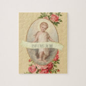 ヴィンテージのピンク及び赤いバラと宗教子供イエス・キリスト ジグソーパズル (縦)