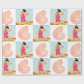 ヴィンテージのピンナップの女の子および海の貝のビーチパターン ラッピングペーパー (フラット)