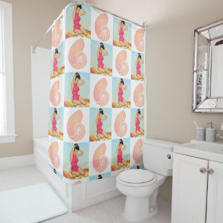 ヴィンテージのピンナップの女の子および海の貝 シャワーカーテン