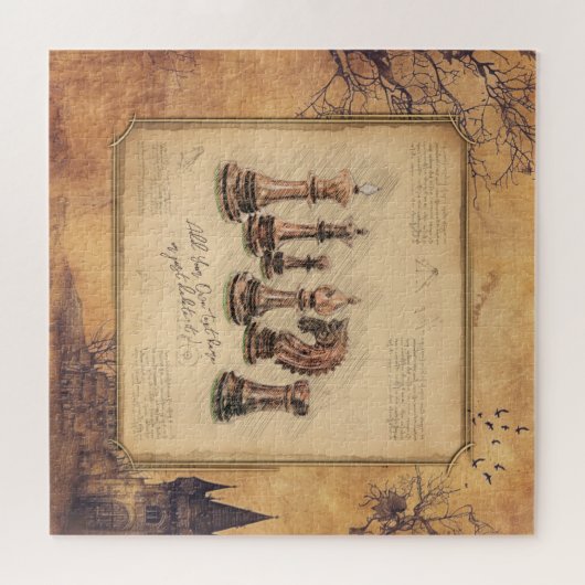 ヴィンテージのファッションド古いチェスの駒アートプレーヤーギフト ジグソーパズル (横)