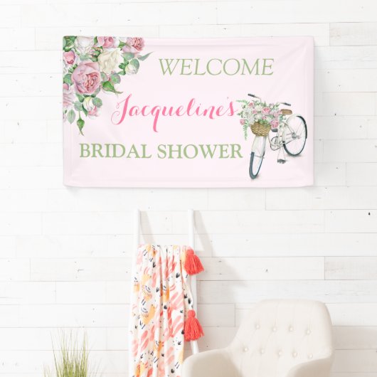 ヴィンテージのファッションド古い自転車バスケットピンクのバラ 横断幕 (インサイチュ)