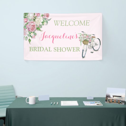 ヴィンテージのファッションド古い自転車バスケットピンクのバラ 横断幕 (トレードショー)