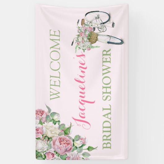 ヴィンテージのファッションド古い自転車バスケットピンクのバラ 横断幕 (縦)