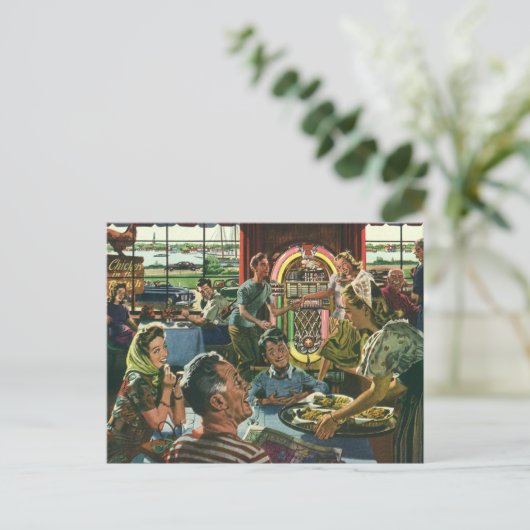 ヴィンテージのファミリーディナーとジュークボックス ポストカード (スタンド正面)