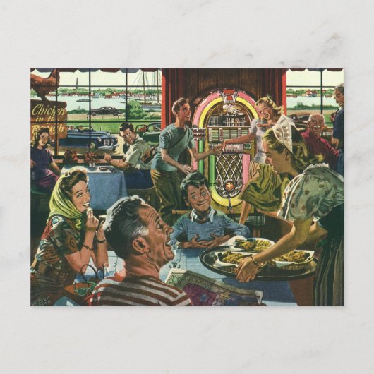 ヴィンテージのファミリーディナーとジュークボックス ポストカード (正面)
