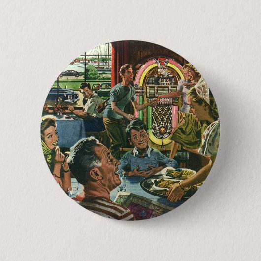 ヴィンテージのファミリーディナーとジュークボックス 缶バッジ (正面)
