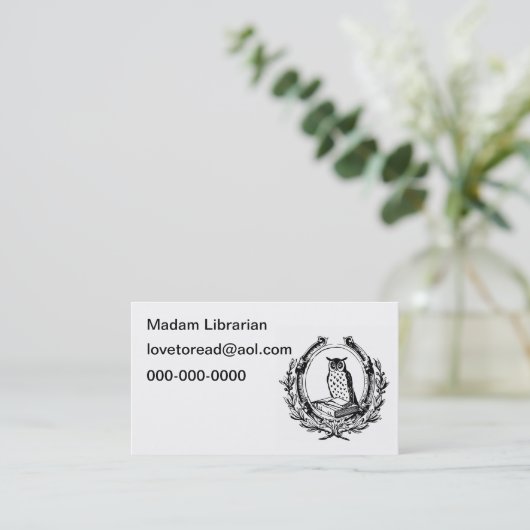 ヴィンテージのフクロウおよび本の蔵書票 名刺 (スタンド正面)