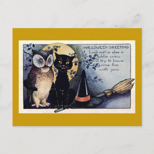ヴィンテージのフクロウと黒猫のハロウィン グリーティングカード ポストカード (正面)