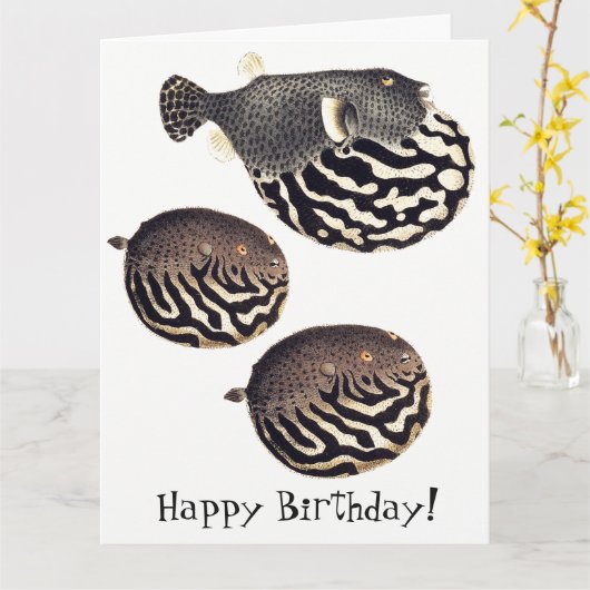 ヴィンテージのフグの魚のハッピーバースデーの大きいカード カード (黄色い花)