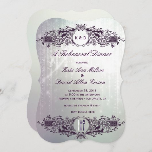 ヴィンテージのフランスので華美な紫色のリハーサルの夕食 招待状 (正面/裏面)