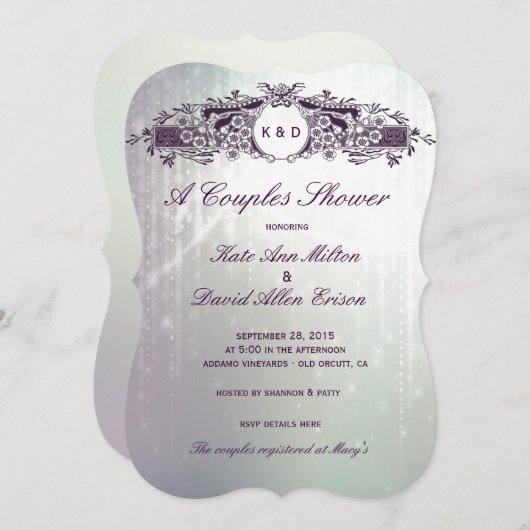ヴィンテージのフランスので華美な紫色の輝きのカップルのシャワー 招待状 (正面/裏面)