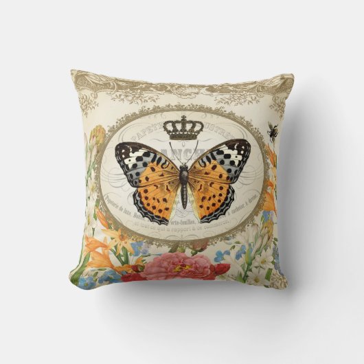 ヴィンテージのフランスのなぼろぼろのシックな蝶枕 クッション (正面)