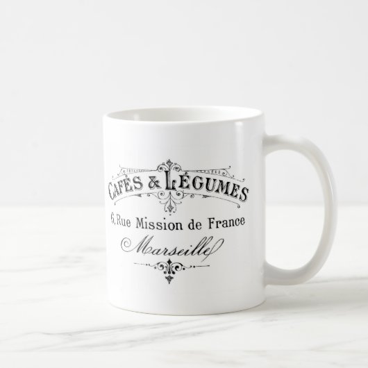 ヴィンテージのフランスのなタイポグラフィのカフェとマメ科植物 コーヒーマグカップ (右)