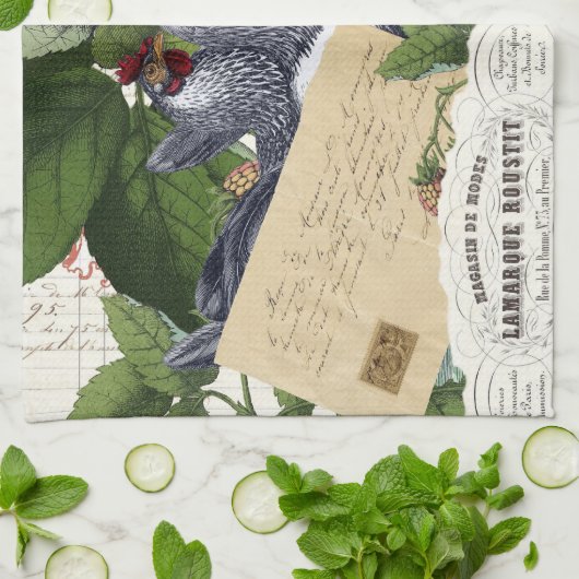 ヴィンテージのフランスのな国の台所鶏のコラージュ キッチンタオル (折り畳み)