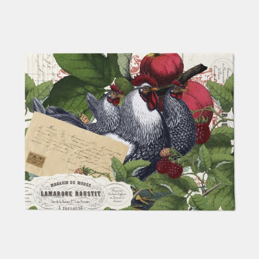 ヴィンテージのフランスのな国の台所鶏のコラージュ ドアマット (正面)