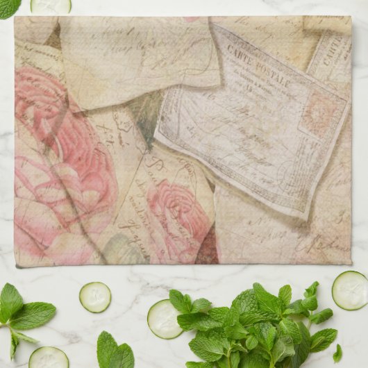 ヴィンテージのフランスのな手紙および郵便はがき キッチンタオル (折り畳み)