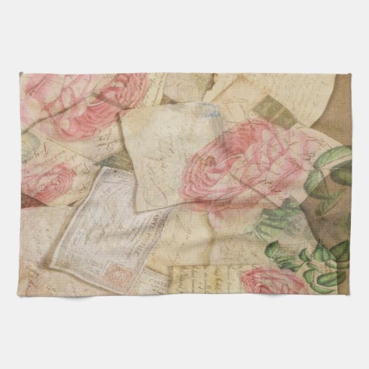 ヴィンテージのフランスのな手紙および郵便はがき キッチンタオル (横)