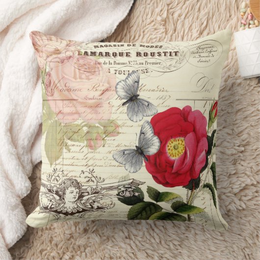 ヴィンテージのフランスのな短命なもののバラの蝶コラージュ クッション (ブランケット)
