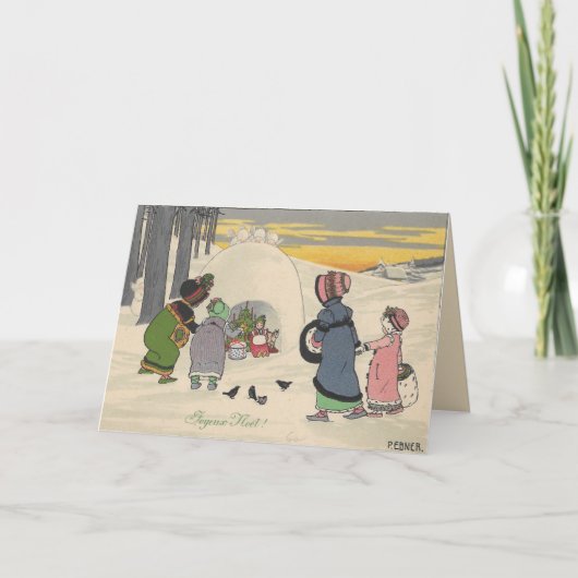 ヴィンテージのフランスのな雪の女の子のクリスマスカード シーズンカード (正面)