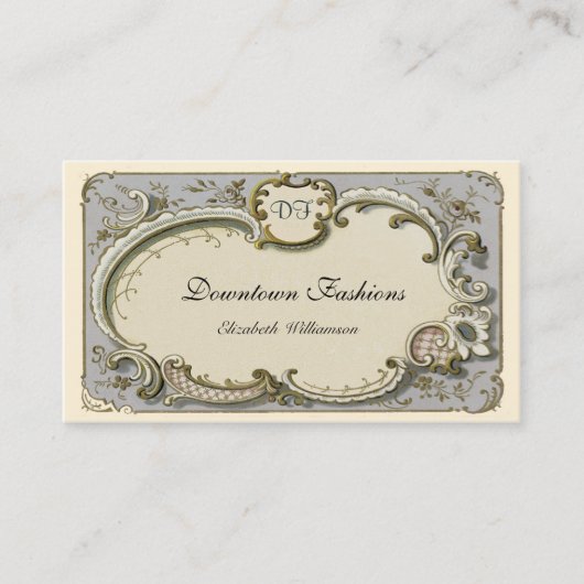 ヴィンテージのフランスのな青スクロール 名刺 (正面)