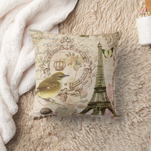 ヴィンテージのフランスのな鳥およびエッフェル塔の枕 クッション (ブランケット)