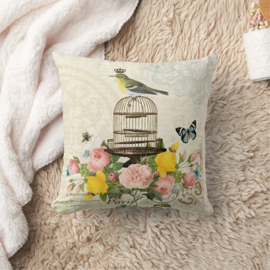 ヴィンテージのフランスのな鳥および鳥かごの枕 クッション (ブランケット)