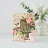 ヴィンテージのフランスのみすぼらしいシックなフクロウの葉書 ポストカード (スタンド正面)