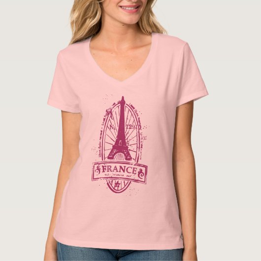 ヴィンテージのフランスの切手の女性v首のティー tシャツ (正面)