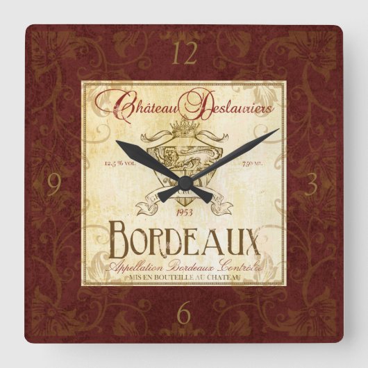 ヴィンテージのフランスワインのラベルの柱時計 スクエア壁時計 (正面)