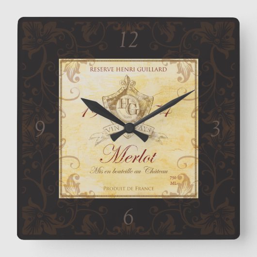 ヴィンテージのフランスワインのラベルの柱時計 スクエア壁時計 (正面)